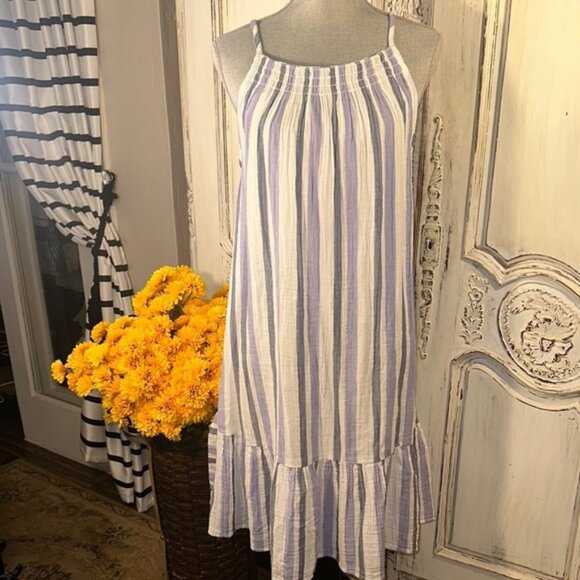 Beachlunchlounge Striped Sleeveless Dress with Ruffle Hem 100% Cool Cotton - Picture 1 of 8